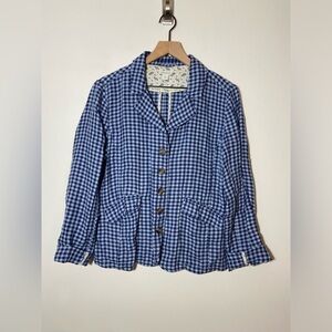 Sundance Women's Small Button Down Long Sleeve Top Back Clasp Linen Plaid Blue